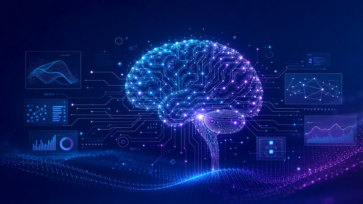 Illustration abstraite d'un cerveau numérique et d'interfaces de données liées à l'intelligence artificielle